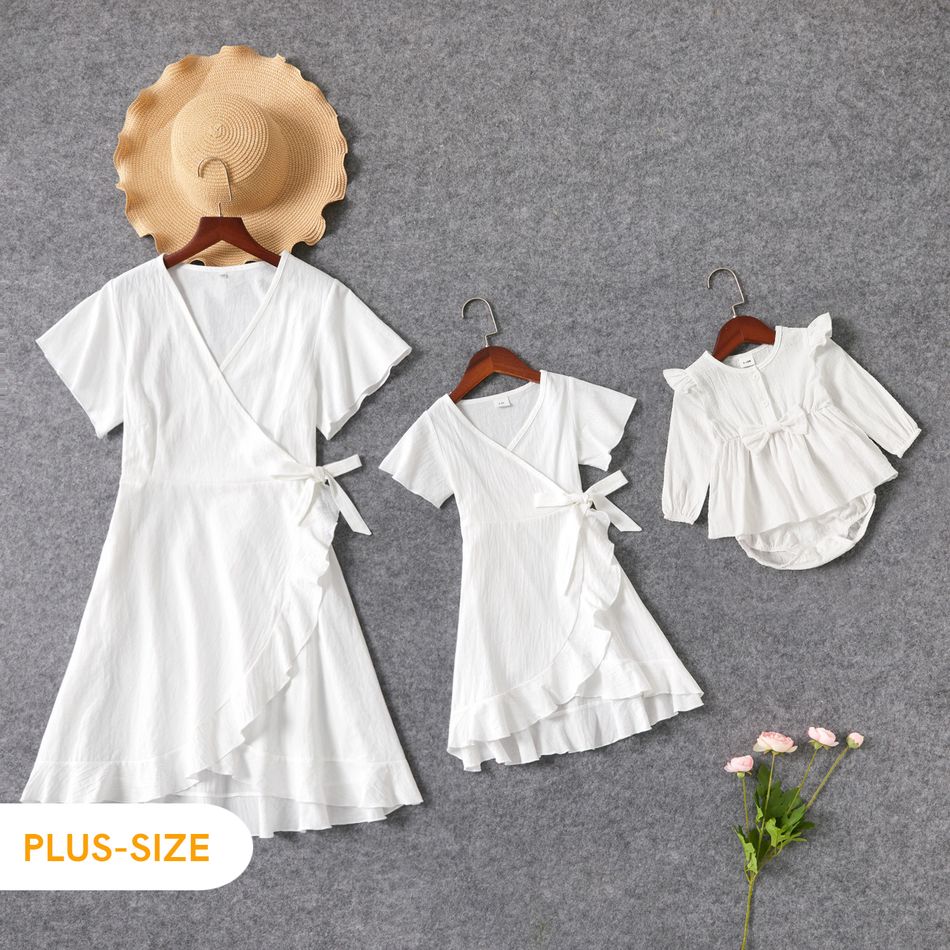 White Cross Wrap V Neck Self Tie Short-sleeve Ruffle Dress for Mom and Me White