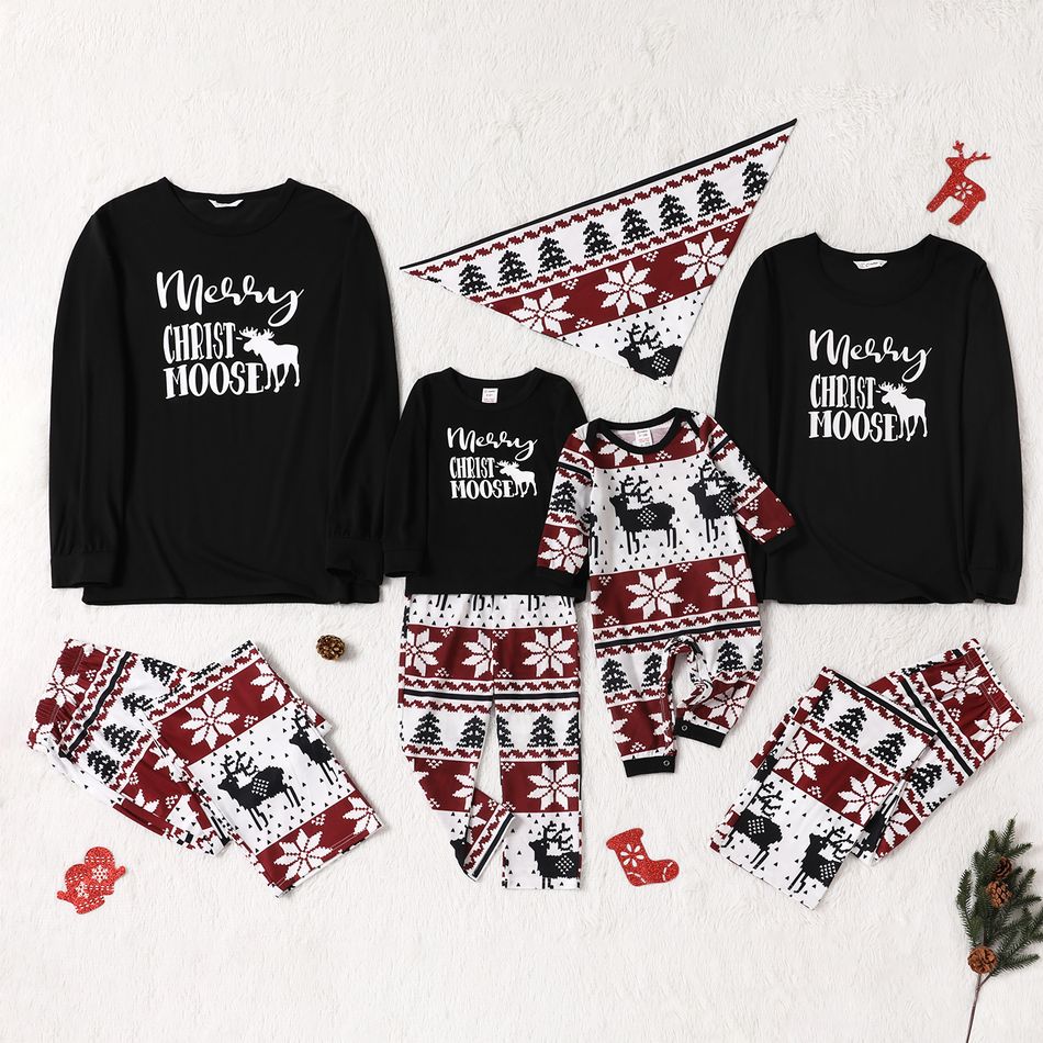 Christmas Moose and Letter Print Family Matching Black Long-sleeve Pajamas Sets (Flame Resistant) Black