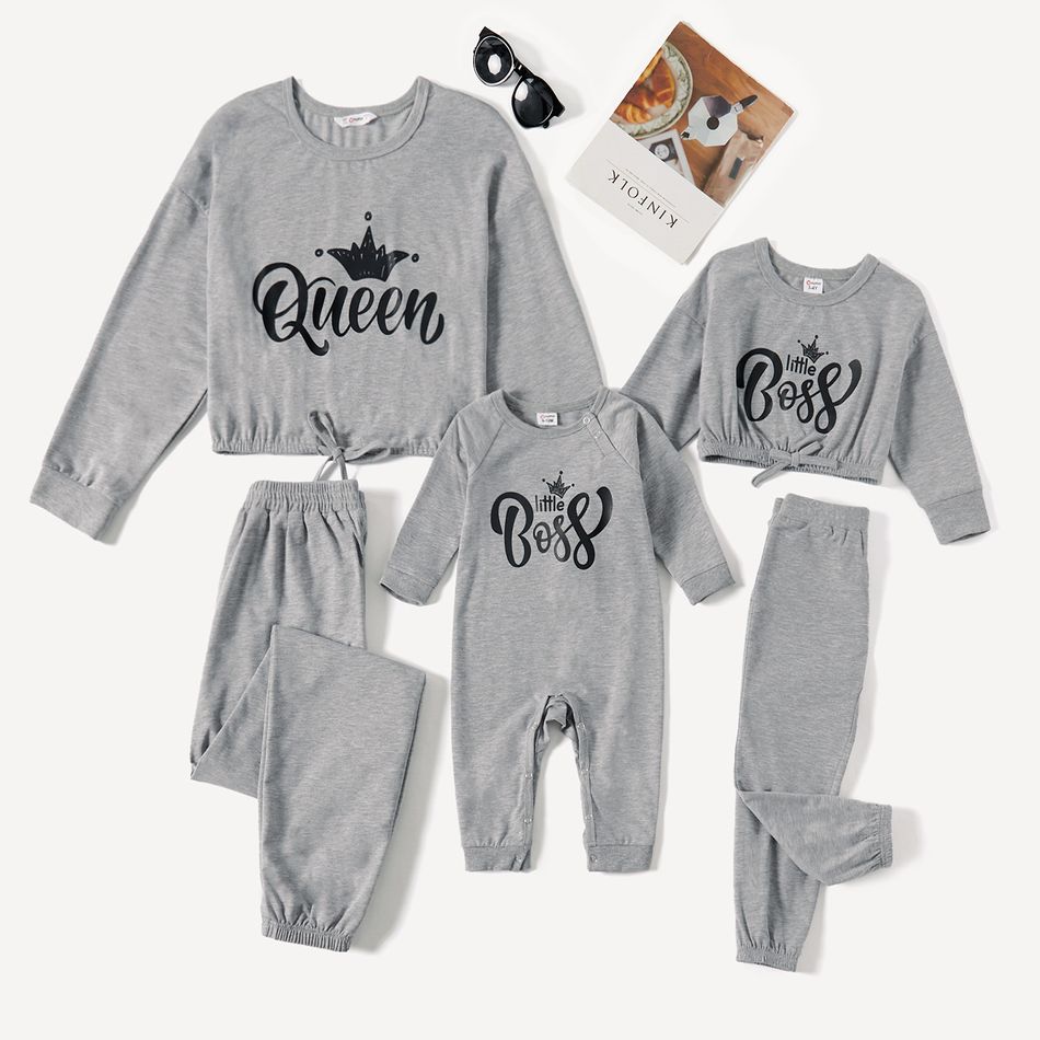 Letter Print Grey Long-sleeve Sweatshirt and Pants Sets for Mom and Me Grey