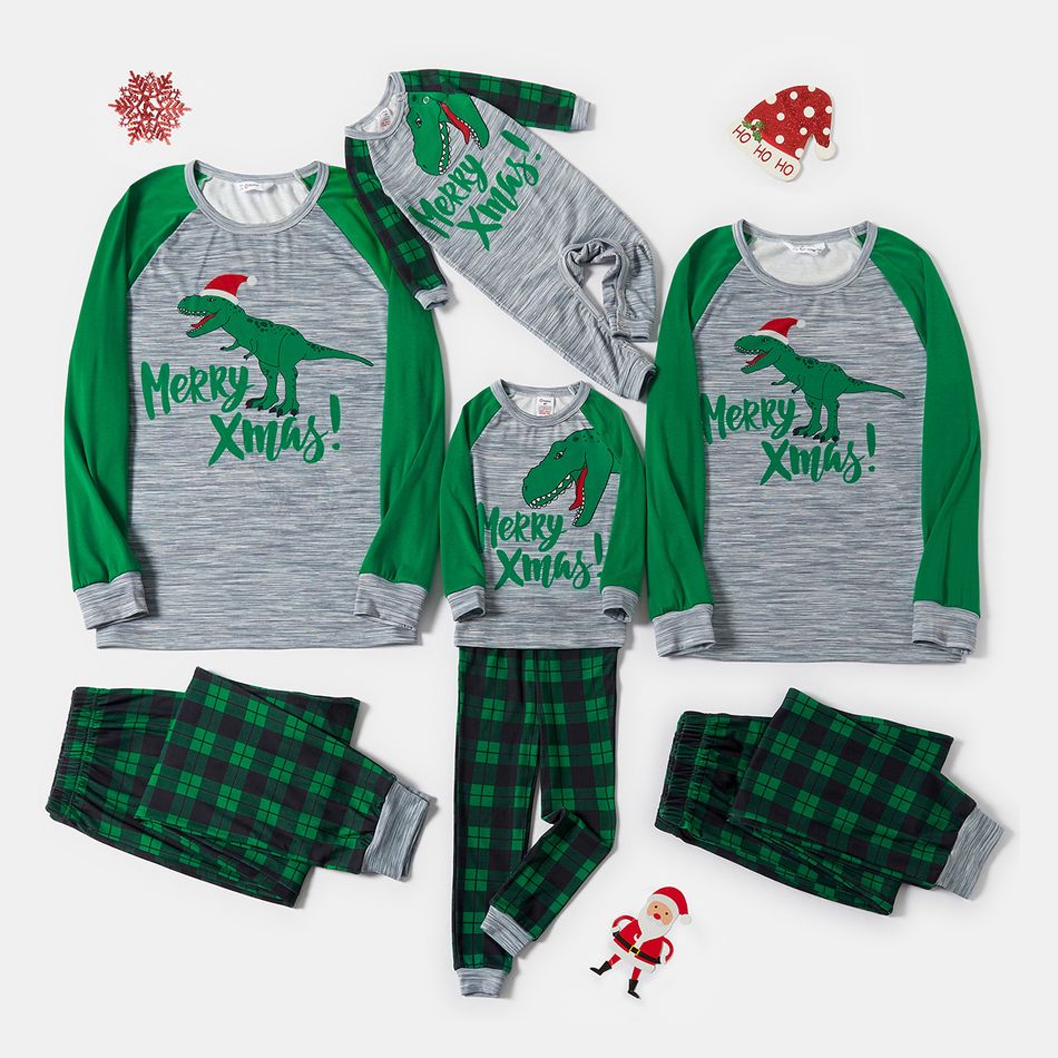 Christmas Dinosaur and Letter Print Snug Fit Family Matching Raglan Long-sleeve Green Plaid Pajamas Sets Green