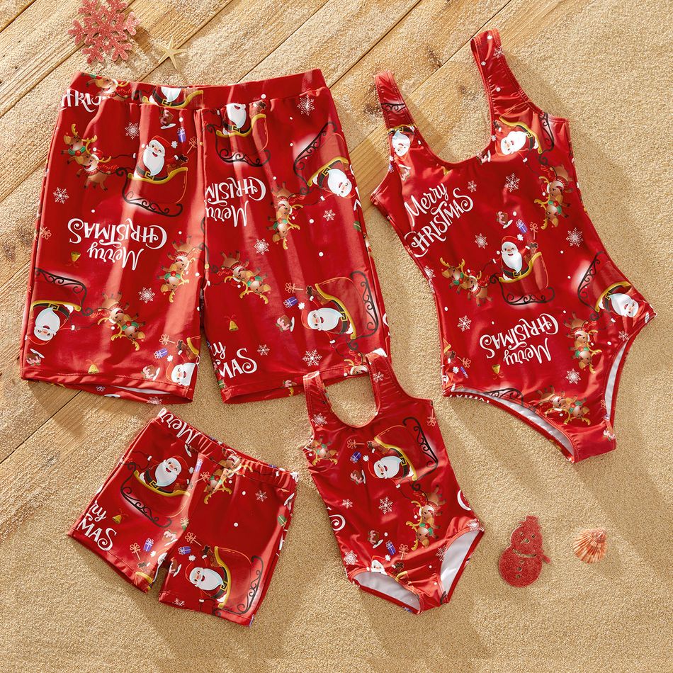 Christmas All Over Santa Claus on Sleigh with 2 Reindeers and Letter Print Red Family Matching Swimsuits Red