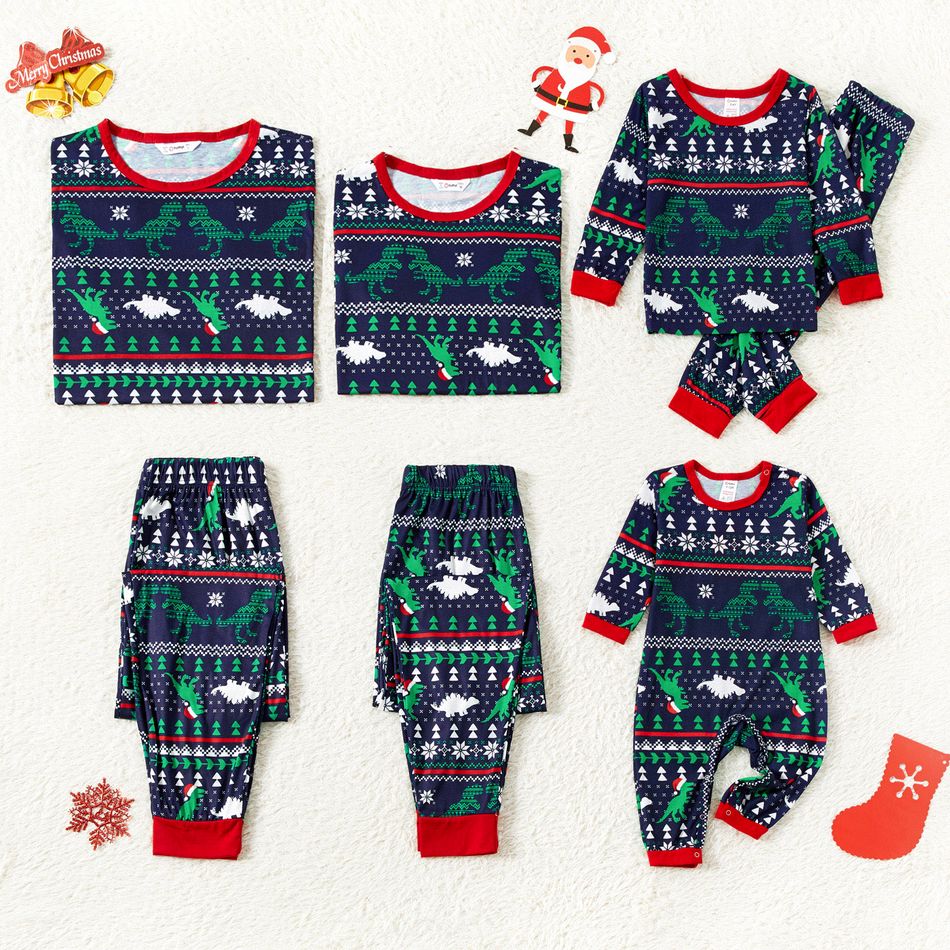 Christmas All Over Dinosaur Print Family Matching Long-sleeve Pajamas Sets (Flame Resistant) Dark Blue