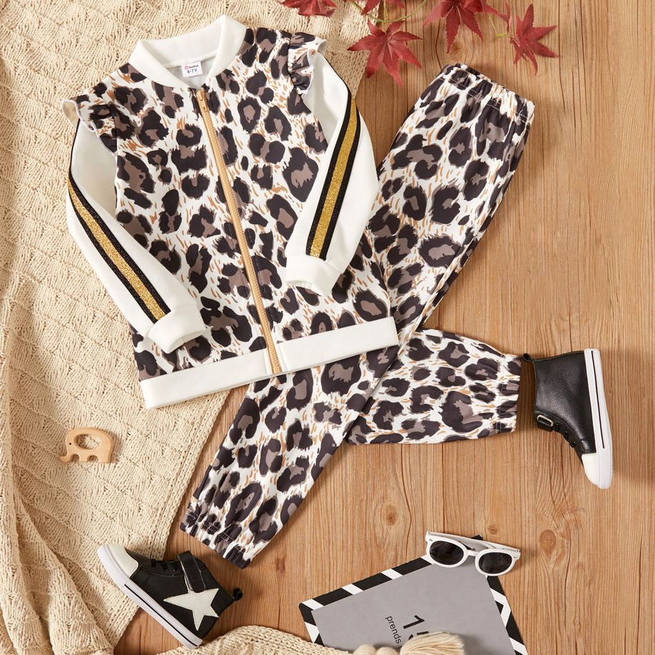 2-piece Kid Girl Leopard Print Ruffled Zipper Bomber Jacket and Pants Set White