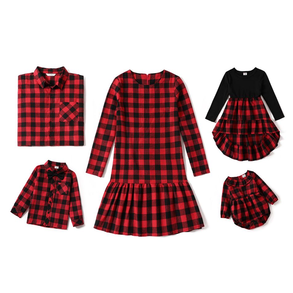 Christmas Red Plaid Family Matching Long-sleeve Dresses and Shirts Sets Red