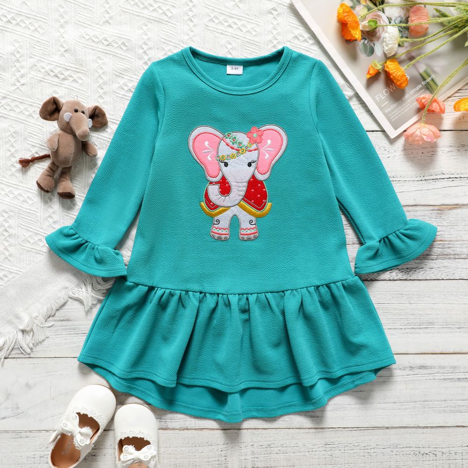 Toddler Girl Elephant Embroidered Ruffle Long-sleeve Dress Green