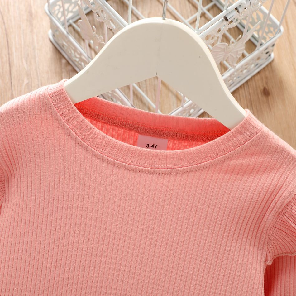 Toddler Girl Ruffled Casual Solid Ribbed Long-sleeve Top Pink big image 5