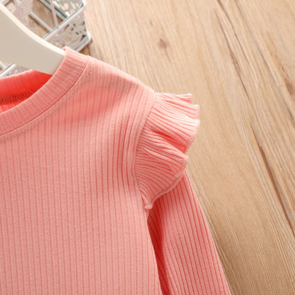 Toddler Girl Ruffled Casual Solid Ribbed Long-sleeve Top Pink big image 6