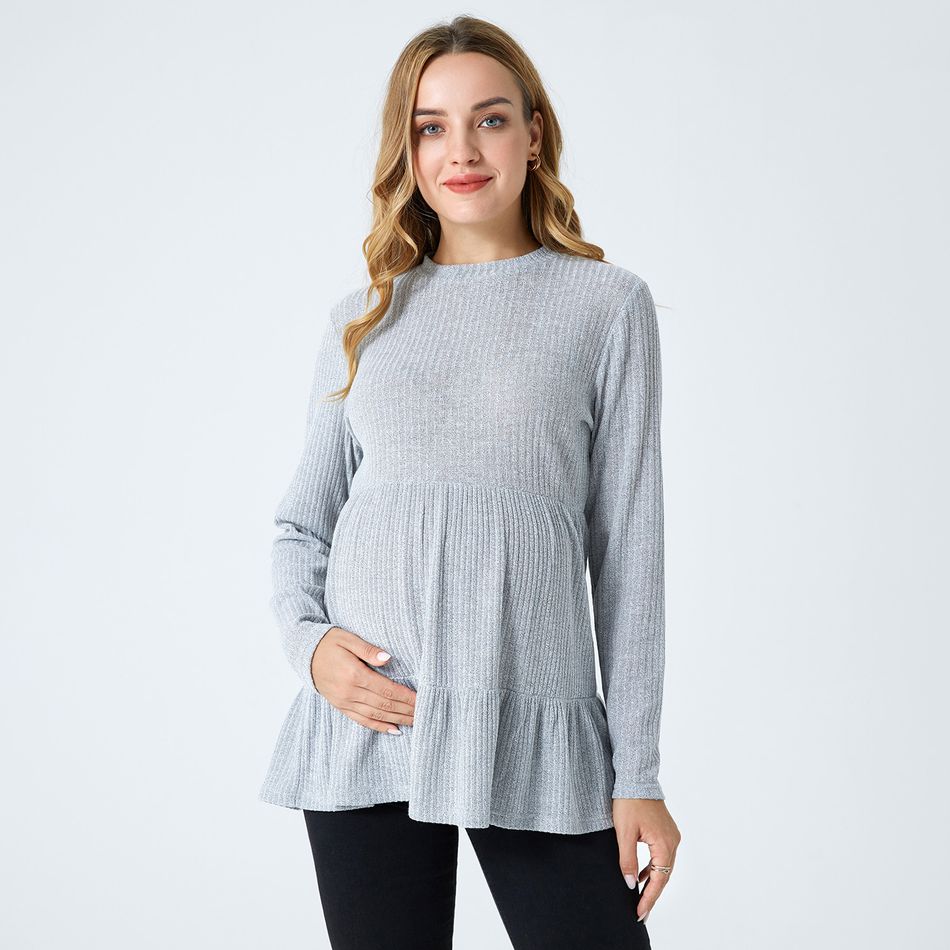 Maternity Round Neck Long-sleeve Light Grey Tiered T-shirt Light Grey