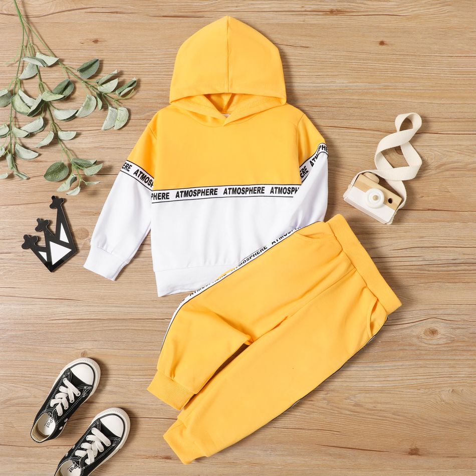 2-piece Toddler Boy Letter Print Colorblock Hoodie Sweatshirt and Pants Set Yellow