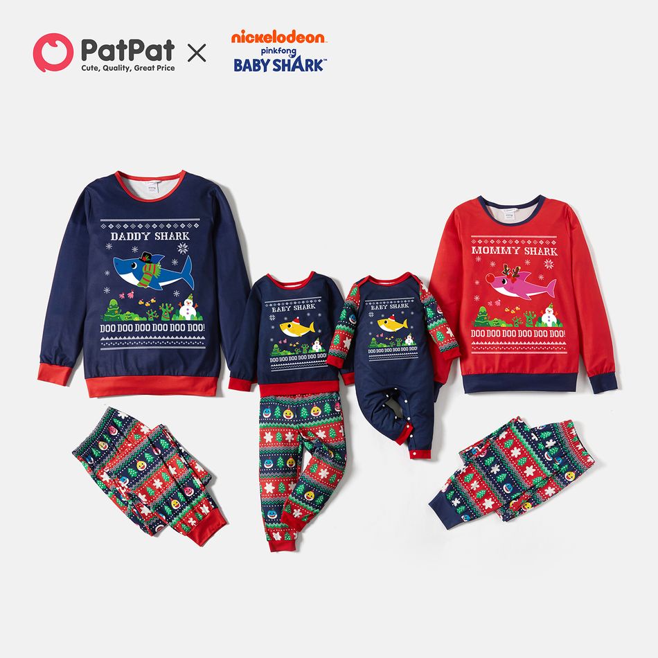 Baby Shark Christmas Family Matching Graphic Top and Allover Pants Pajamas Sets Dark blue/White/Red