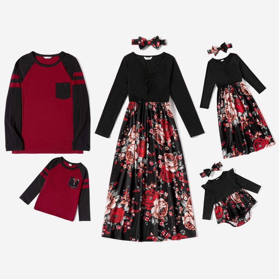 Family Matching Black V Neck Long-sleeve Splicing Floral Print Dresses and Color Block T-shirts Sets Black