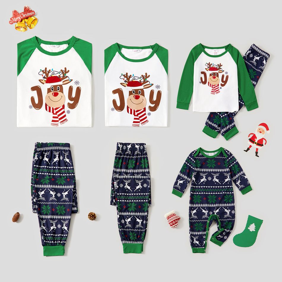 Christmas Cartoon Reindeer Print Green Family Matching Long-sleeve Pajamas Sets (Flame Resistant) Green
