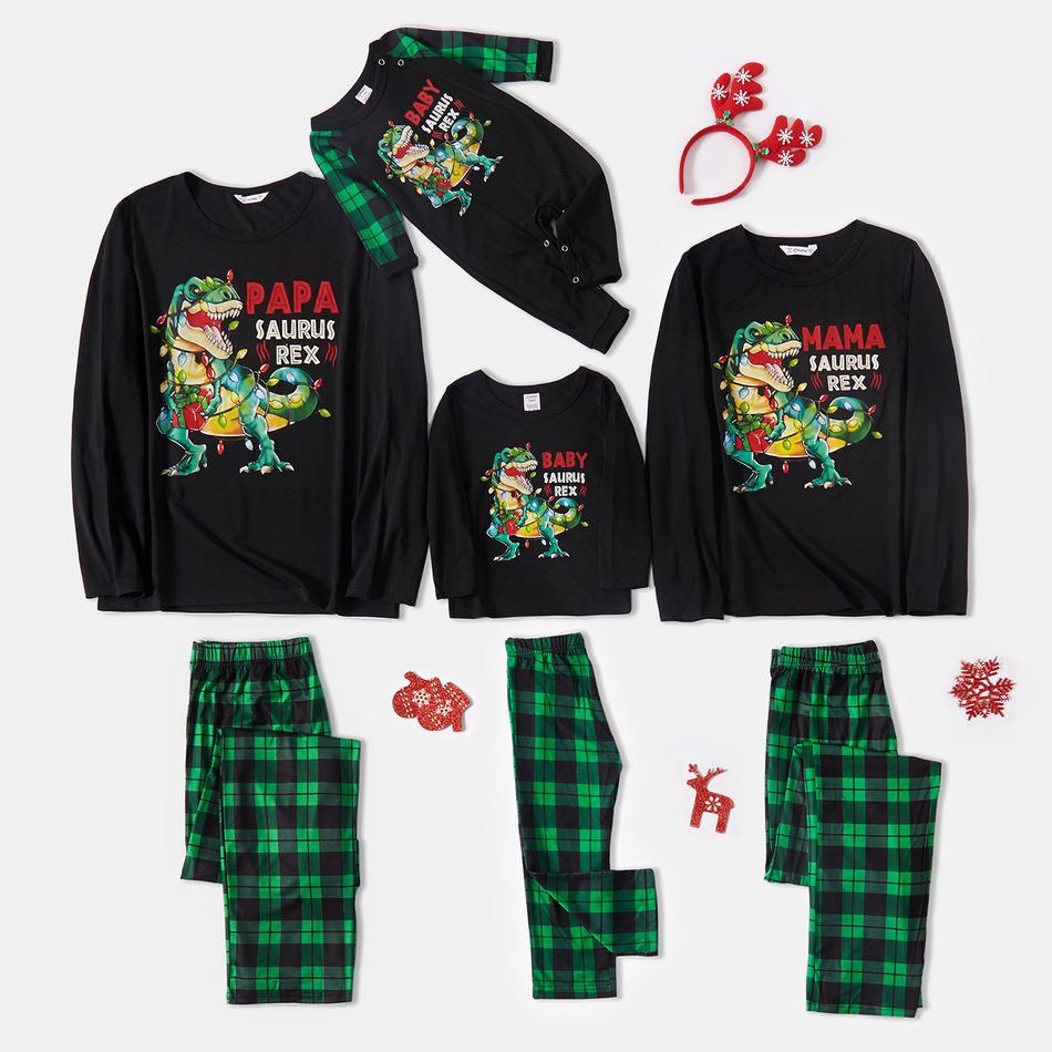 Christmas Dinosaur and Letter Print Family Matching Long-sleeve Plaid Pajamas Set (Flame Resistant) Black