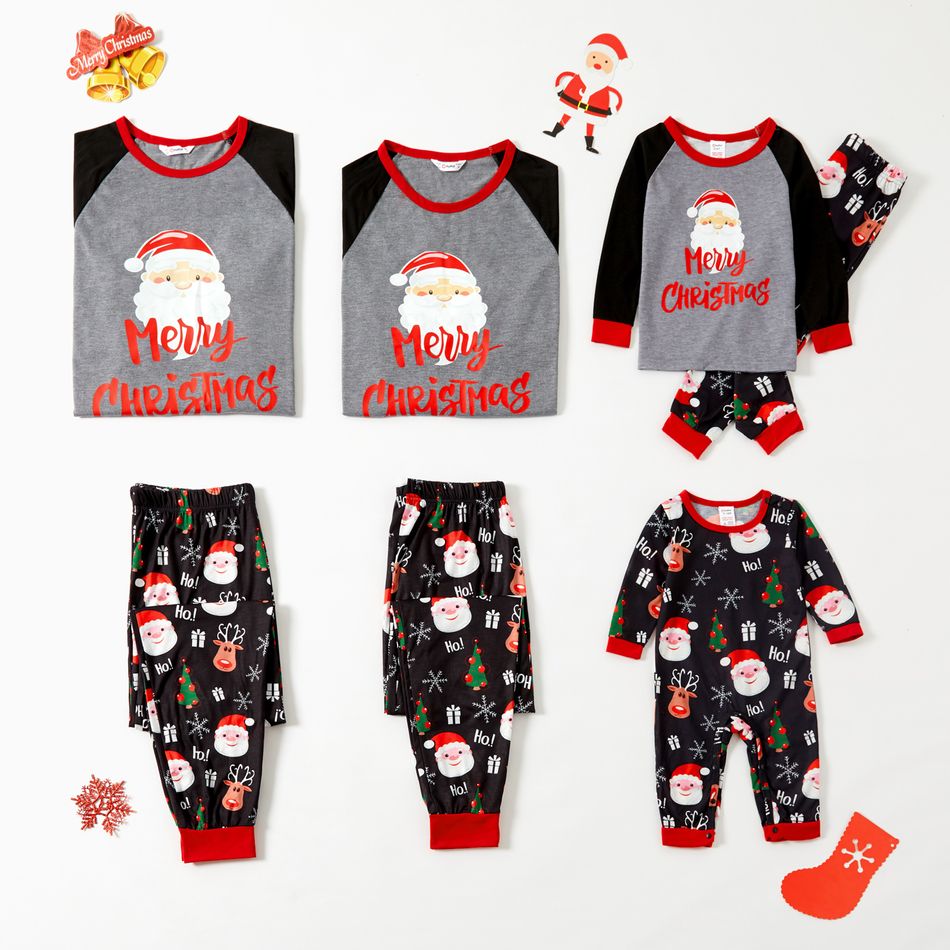 Family Matching Merry Christmas Santa and Letter Print Raglan Long-sleeve Pajamas Sets (Flame Resistant) Black