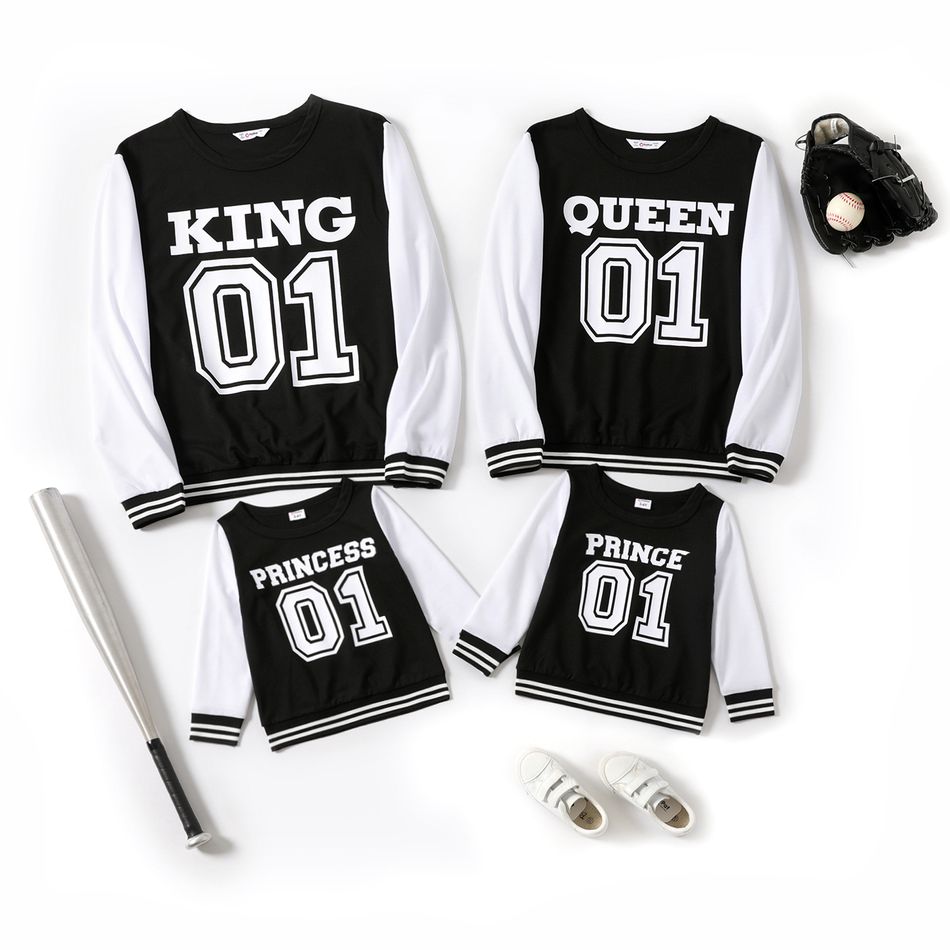 Letter and Number Print Family Matching Splicing Long-sleeve Sweatshirts Black/White