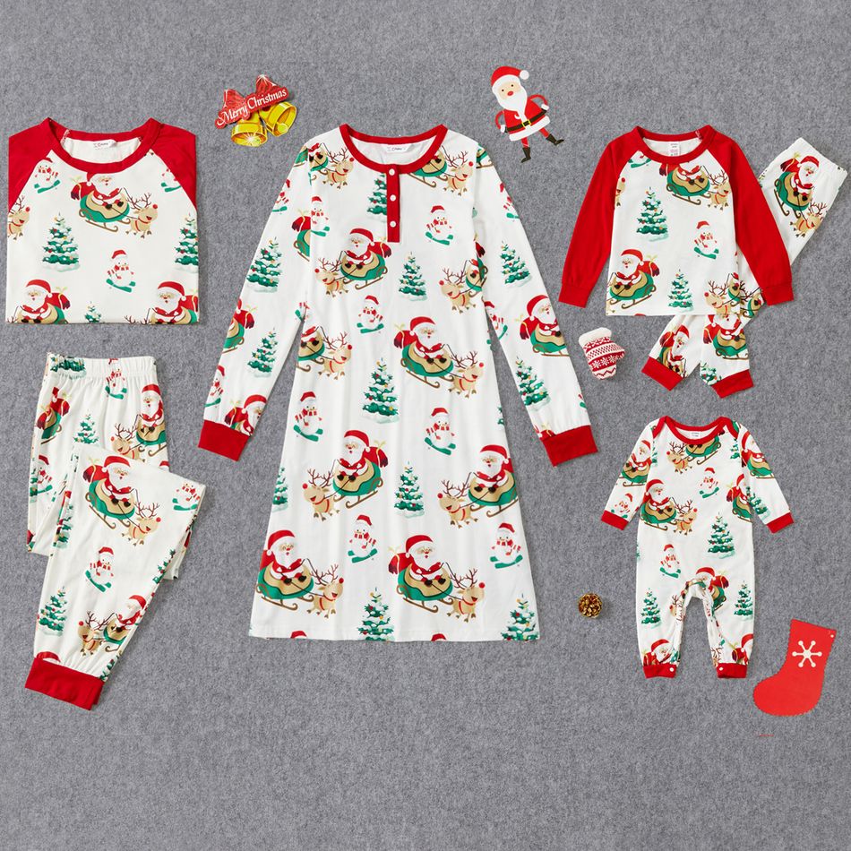 Christmas Santa on Sleigh with Reindeer Print Family Matching Long-sleeve Pajamas Sets (Flame Resistant) Red/White