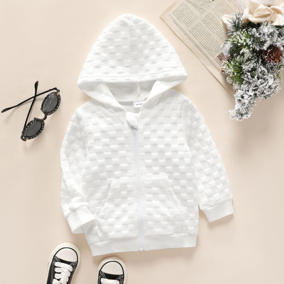 Toddler Girl/Boy Textured Zipper Solid Hooded Jacket White