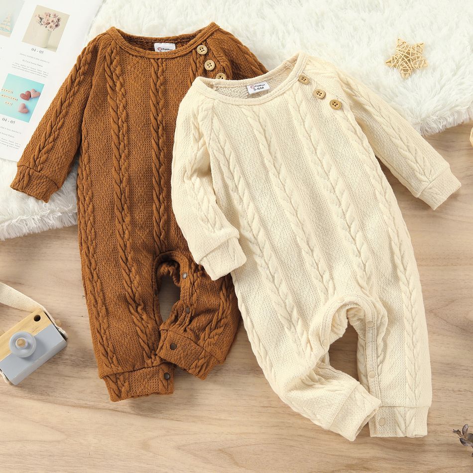 Baby Boy/Girl Solid Cable Knit Long-sleeve Jumpsuit Apricot big image 7