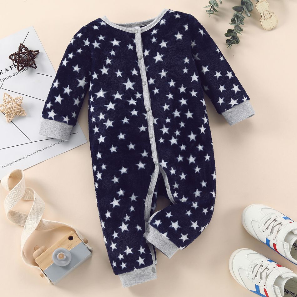 Baby Boy All Over Star Pattern Fleece Long-sleeve Jumpsuit Dark Blue
