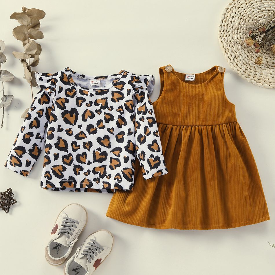 2pcs Baby Girl Leopard Ruffle Long-sleeve Top and Solid Overall Dress Set Color block