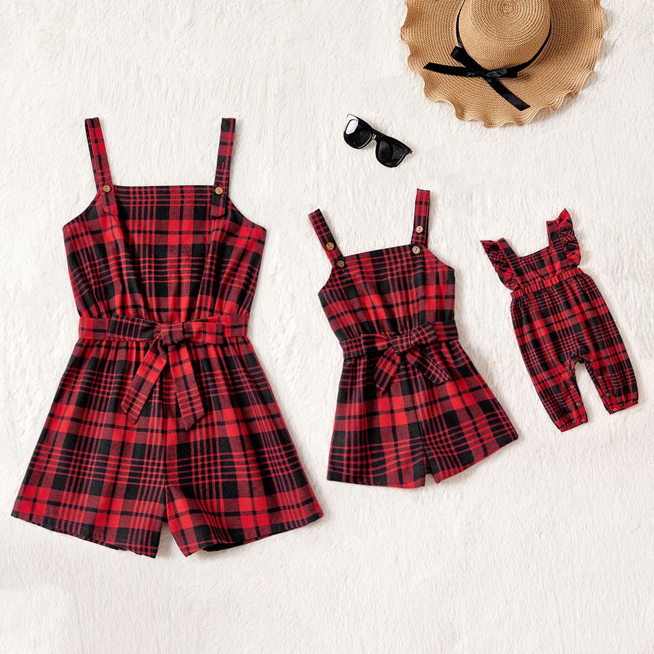 Christmas Red Plaid Sleeveless Belted Romper Shorts for Mom and Me Color block