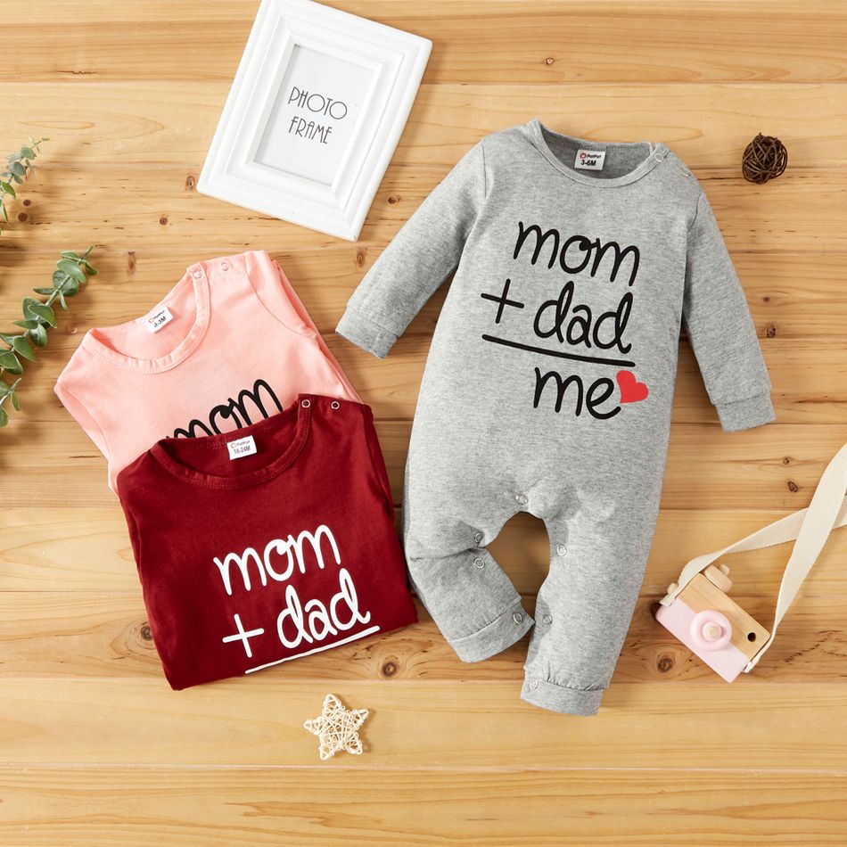 100% Cotton Letter and Heart Print Long-sleeve Gery Baby Jumpsuit Grey big image 2