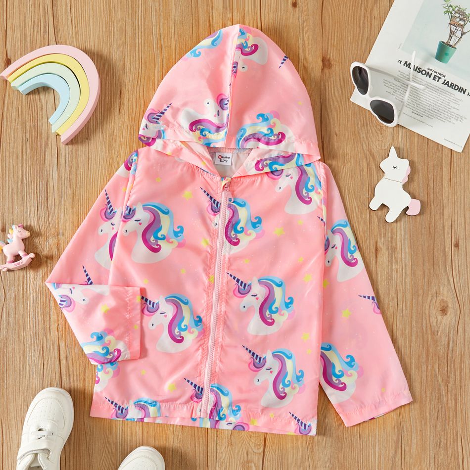 Kid Girl Unicorn Stars Print Zipper Hooded Jacket Pink