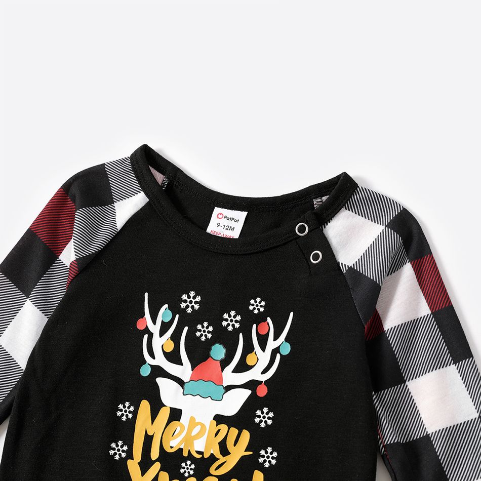 Christmas Reindeer and Letter Print Black Family Matching Raglan Long-sleeve Plaid Pajamas Sets (Flame Resistant) Black big image 11