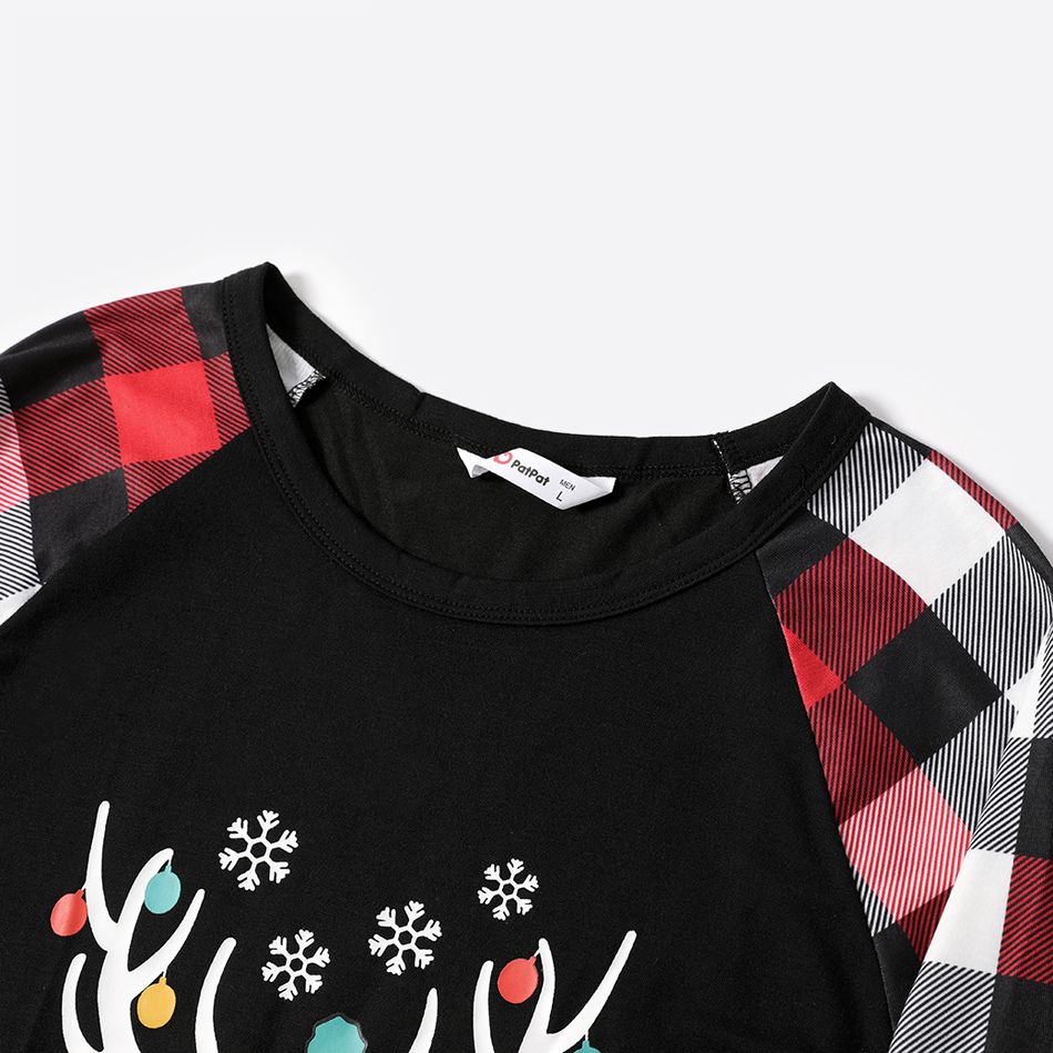 Christmas Reindeer and Letter Print Black Family Matching Raglan Long-sleeve Plaid Pajamas Sets (Flame Resistant) Black big image 5