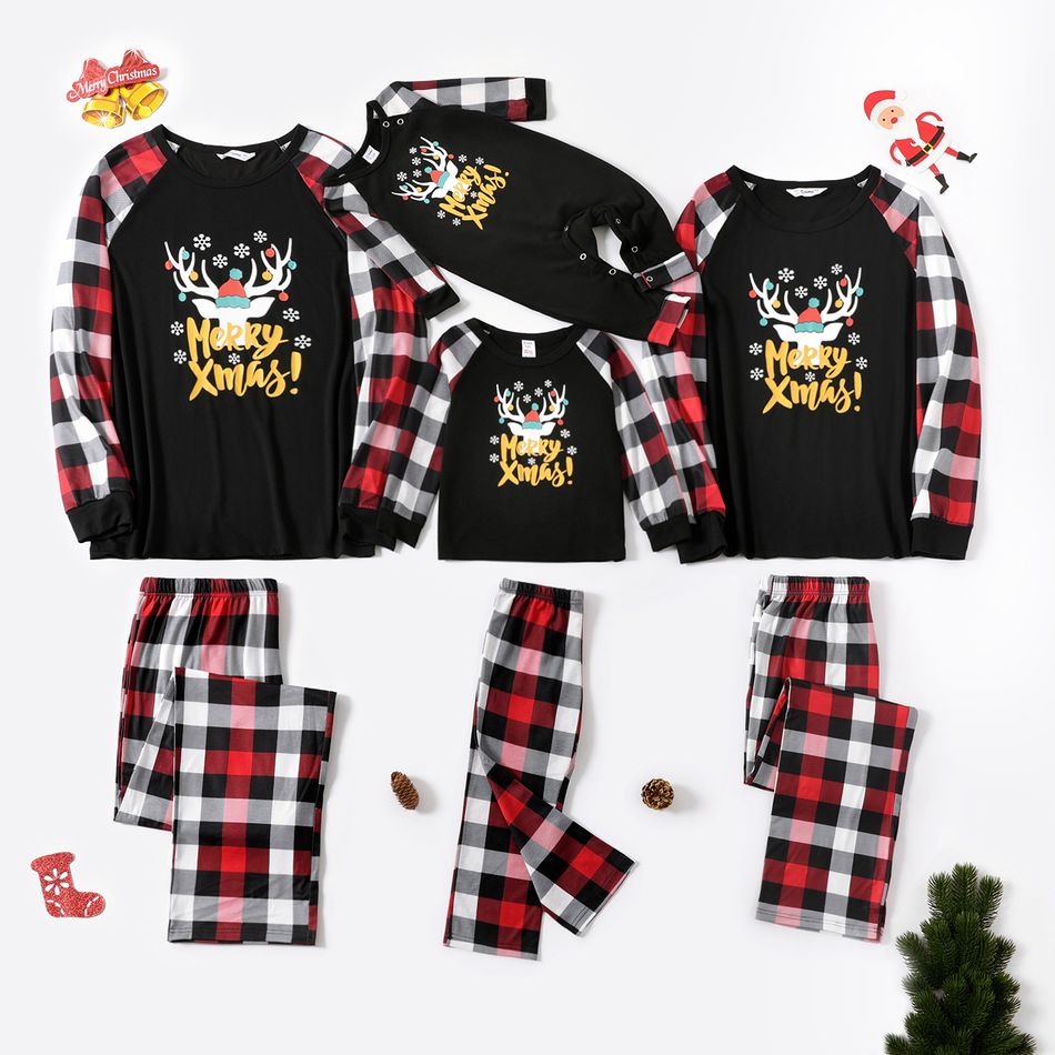 Christmas Reindeer and Letter Print Black Family Matching Raglan Long-sleeve Plaid Pajamas Sets (Flame Resistant) Black