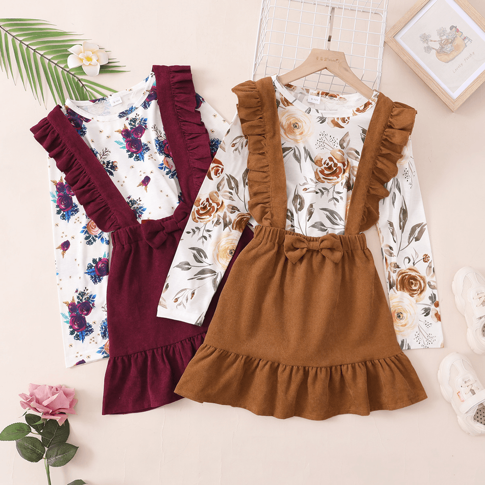 2-piece Kid Girl Floral Print Long-sleeve Tee and Bowknot Ruffled Corduroy Suspender Skirt Set Multi-color