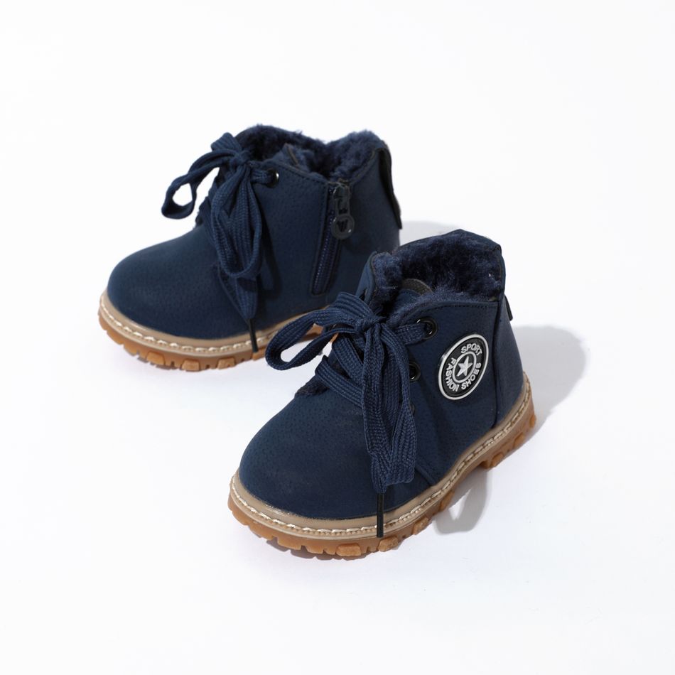 Toddler Blue Elastic Shoelaces Fleece-lining Shoes Dark Blue