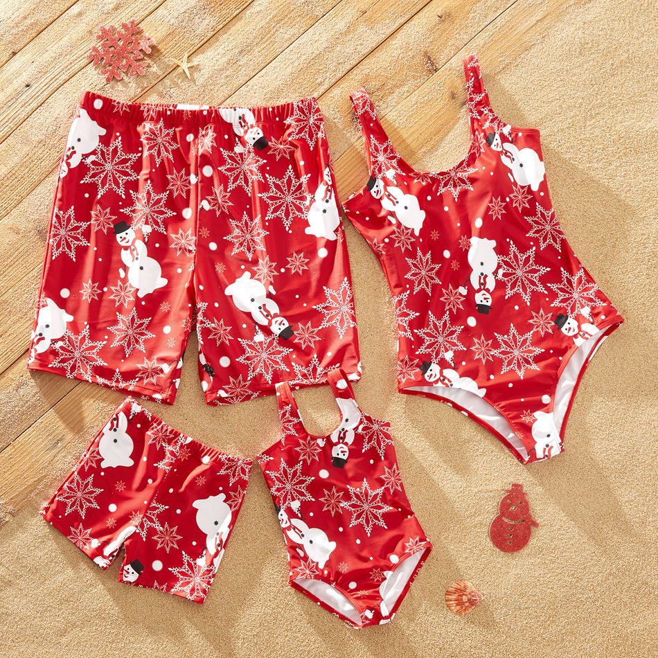 Christmas All Over Snowman and Snowflake Print Red Family Matching Swimsuits Red