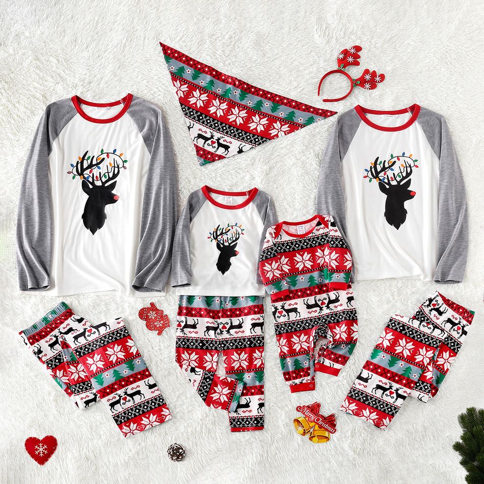 Christmas Reindeer and String Lights Print Family Matching Raglan Long-sleeve Pajamas Sets (Flame Resistant) Red/White