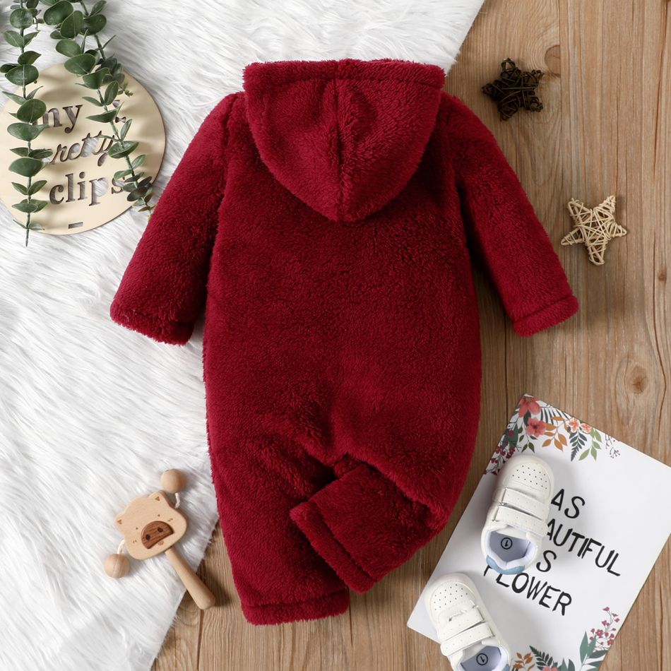 Baby Girl Solid Thickened Fuzzy Fleece Long-sleeve Hooded Jumpsuit Burgundy