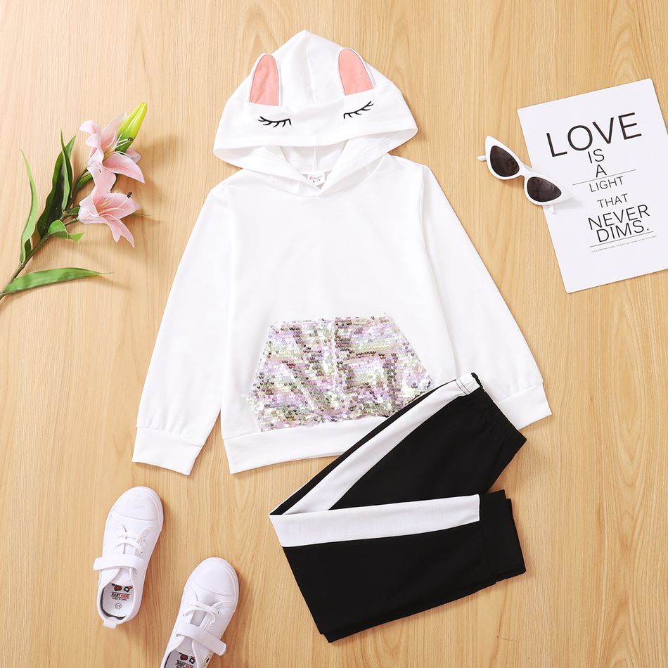 2-piece Kid Girl Sequined Pocket Design  Embroidered Ear Design Hoodie Sweatshirt and Colorblock Pants Set White