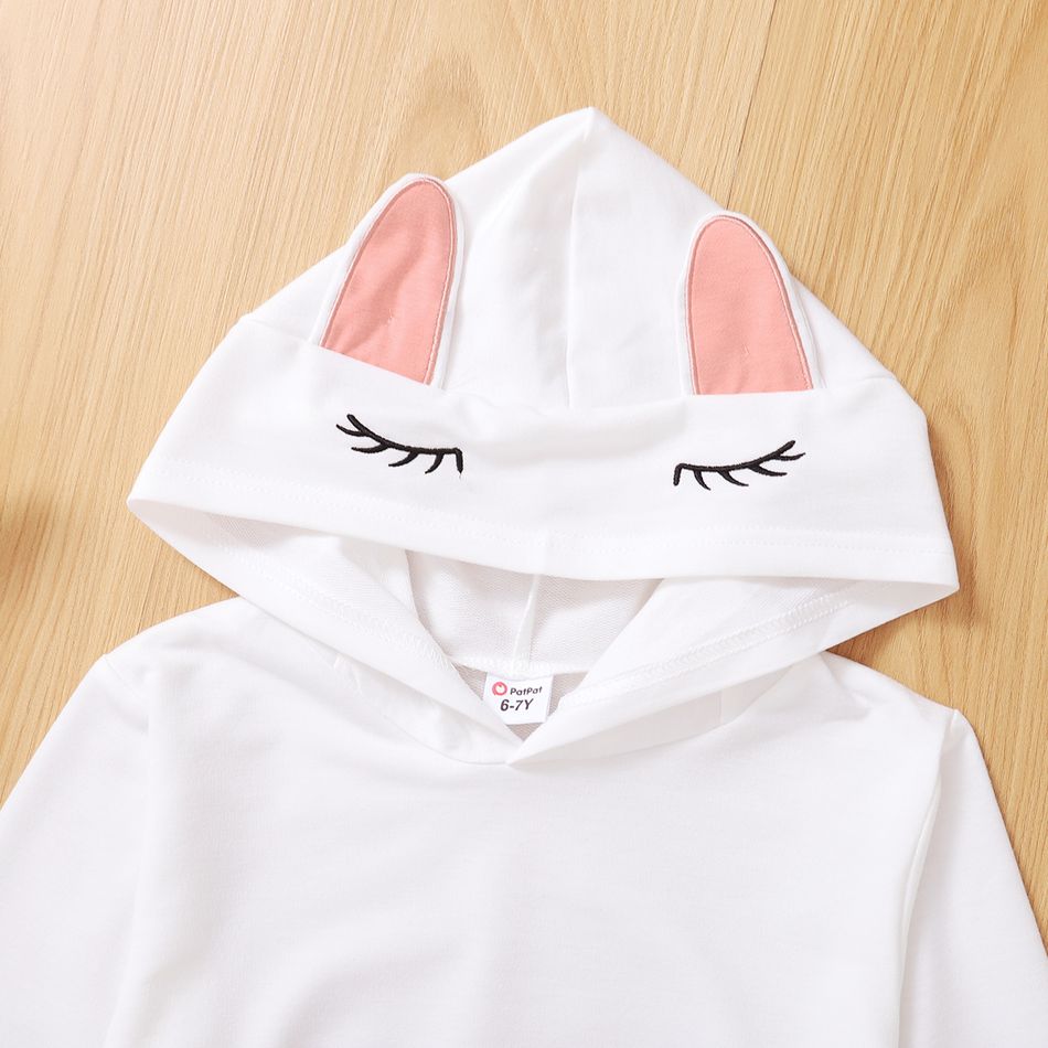 2-piece Kid Girl Sequined Pocket Design  Embroidered Ear Design Hoodie Sweatshirt and Colorblock Pants Set White big image 4