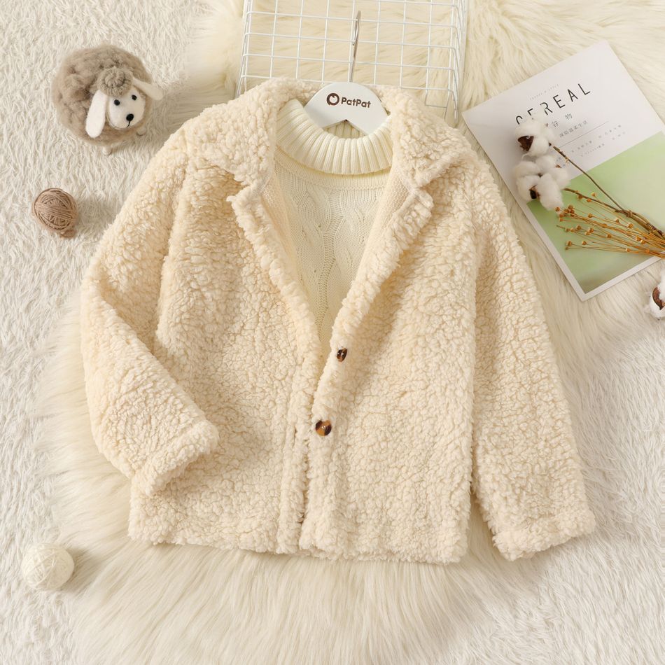 Kid Boy/Kid Girl Solid Color Lapel Collar Button Design Fuzzy Coat Beige