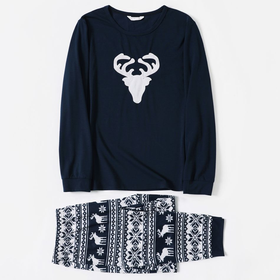 Christmas Antlers Family Matching Long-sleeve Pajamas Sets(Flame Resistant) Dark Blue/white big image 2