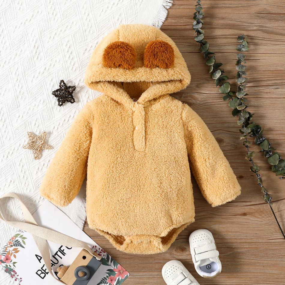 Baby Boy/Girl Solid Thickened Fuzzy Fleece 3D Ears Hooded Long-sleeve Romper Apricot