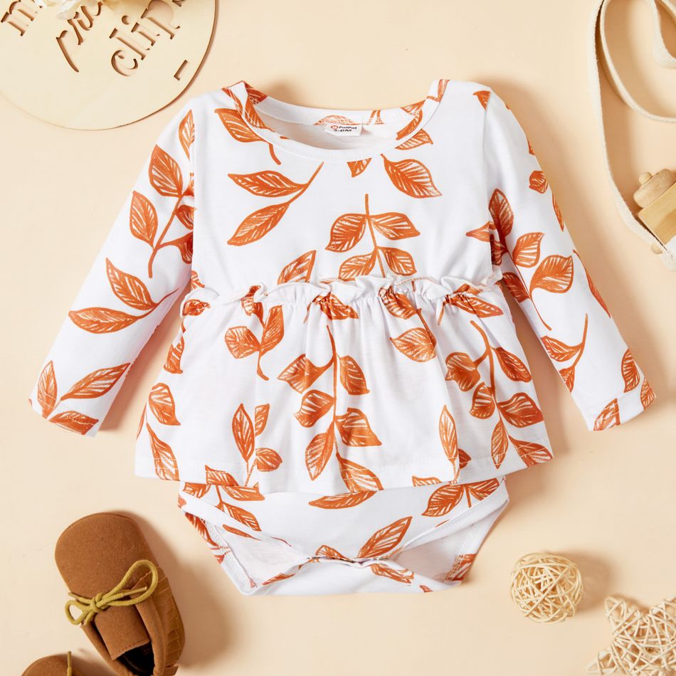 Baby Girl Brown/White All Over Leaves Print Long-sleeve Romper White