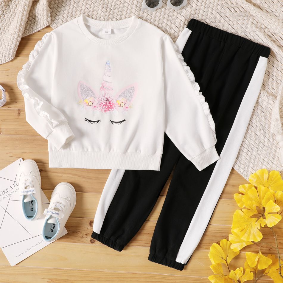2-piece Kid Girl Unicorn Cartoon Print Ruffled White Pullover and Colorblock Pants Casual Set White