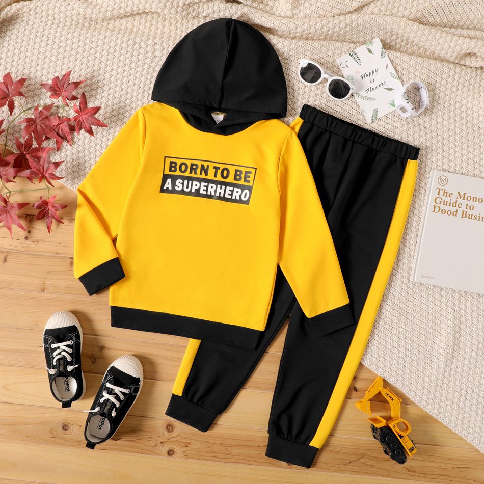2-piece Kid Boy Letter Print Colorblock Hoodie Sweatshirt and Pants Set Yellow