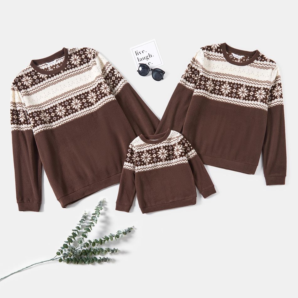 Christmas All Over Snowflake Print Family Matching Thickened Polar Fleece Long-sleeve Sweatshirts Coffee