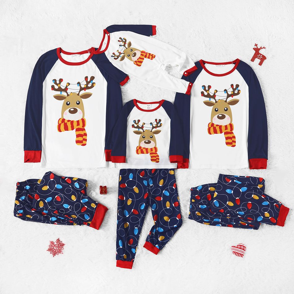 Christmas Cartoon Reindeer and String Lights Print Family Matching Raglan Long-sleeve Pajamas Sets (Flame Resistant) Dark blue/White/Red