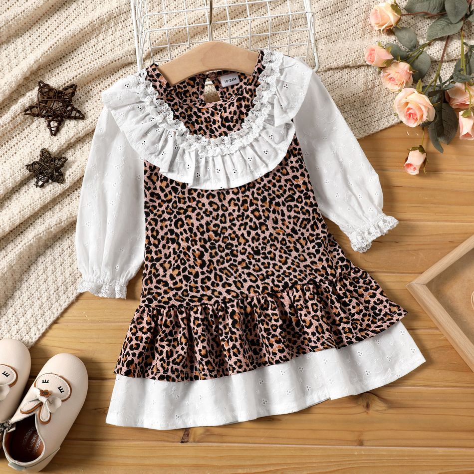 Toddler Girl Ruffled Leopard Print Splice Long-sleeve Dress Ginger