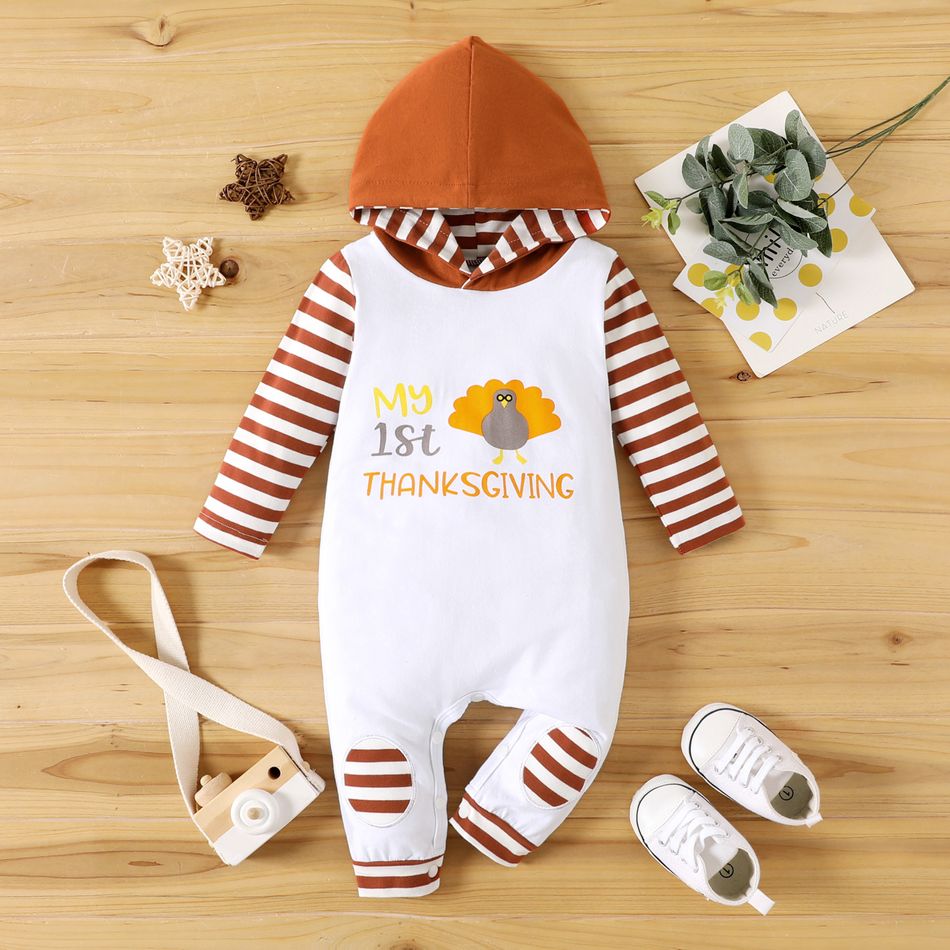 Thanksgiving Day Turkey and Letter Print Baby Striped Long-sleeve Cotton Hooded Jumpsuit Coffee