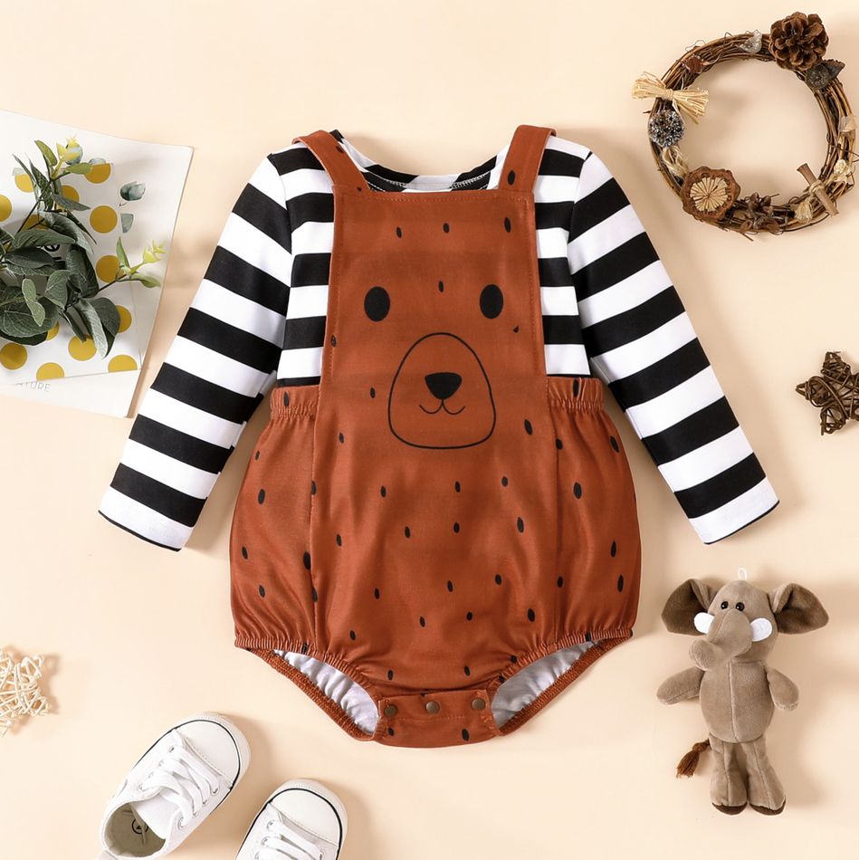 2pcs Baby Boy Striped Long-sleeve Sweatshirt and Cartoon Bear Print Brown Overall Shorts Set Brown