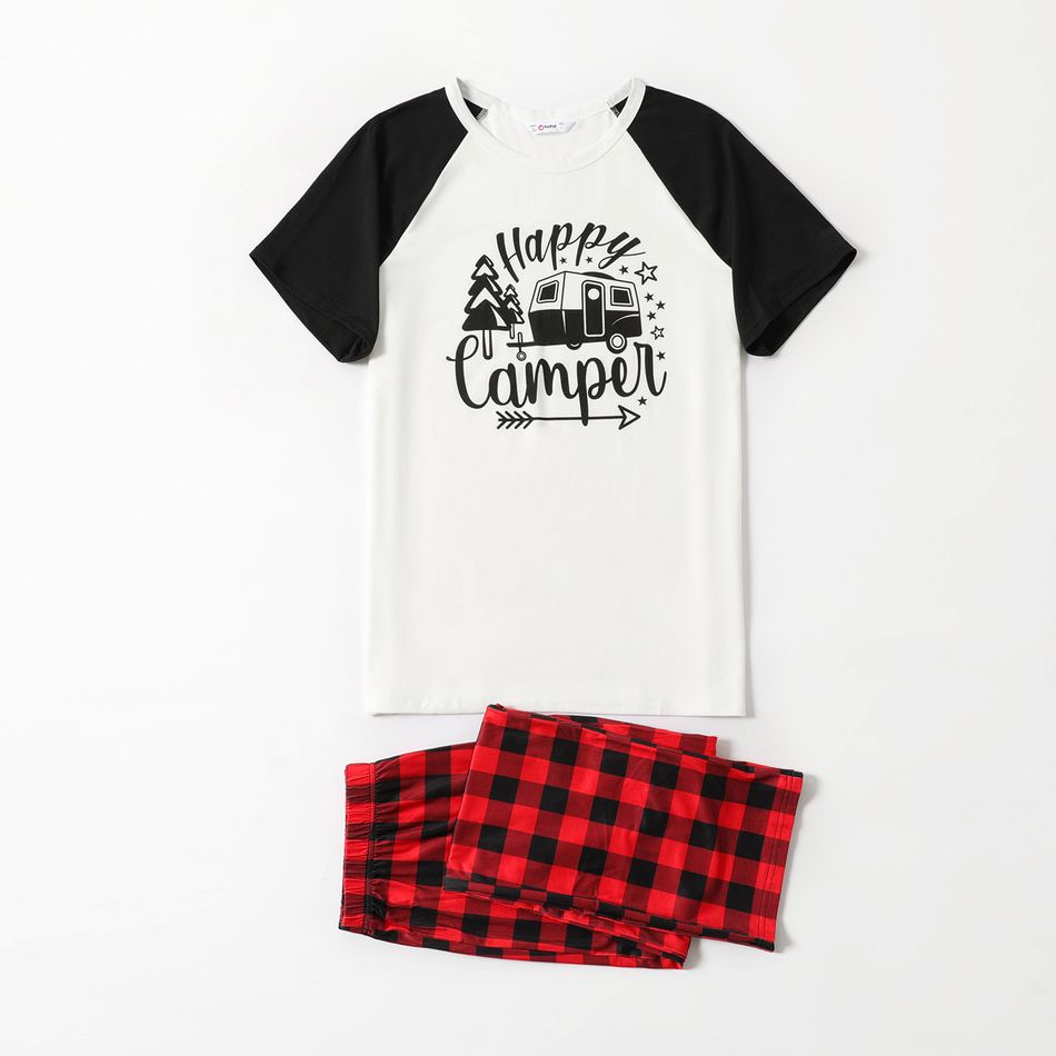 Family Matching Letter and Red Plaid Print Raglan Short Sleeve Pajamas Set(Flame Resistant) Black/White/Red big image 4