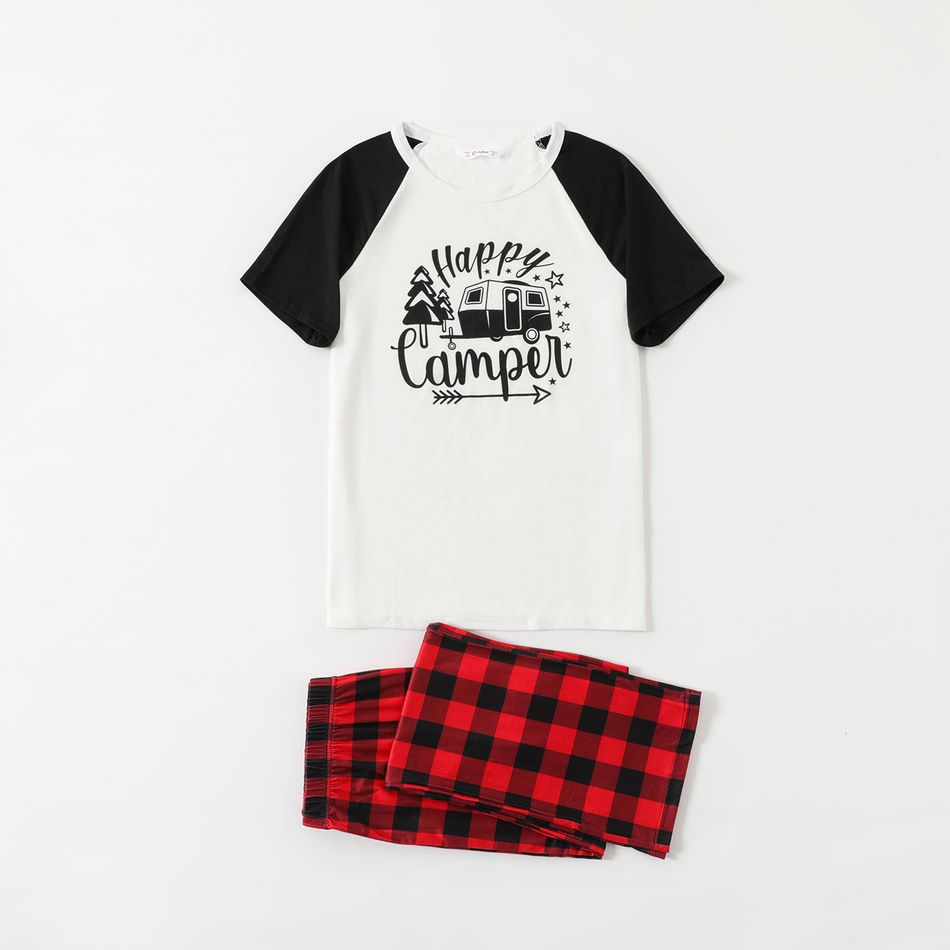 Family Matching Letter and Red Plaid Print Raglan Short Sleeve Pajamas Set(Flame Resistant) Black/White/Red big image 2